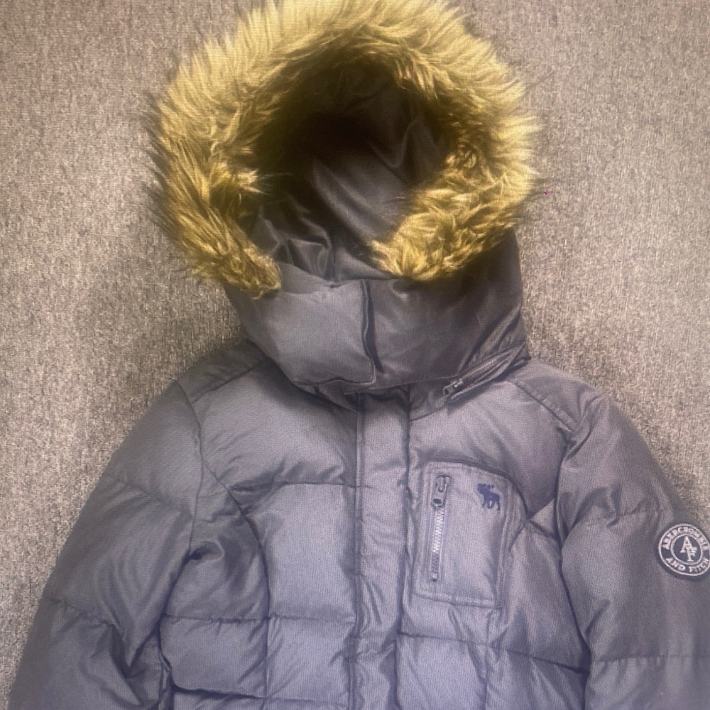 Abercrombie Fitch Jacket Womens Large Gray Down Puffer Hooded Faux Fur Parka